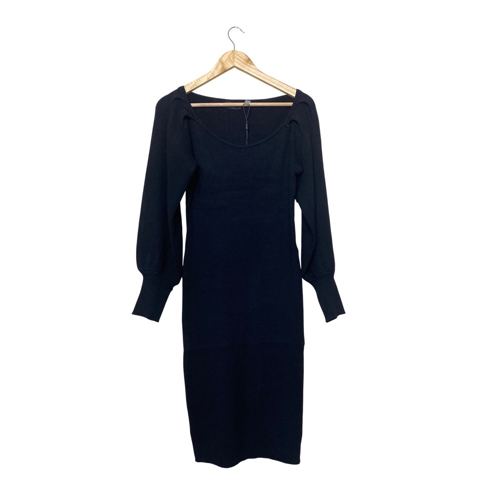 Tahari Black Ribbed Knit Puff Sleeve Scoop Neck Midi Dress NWT